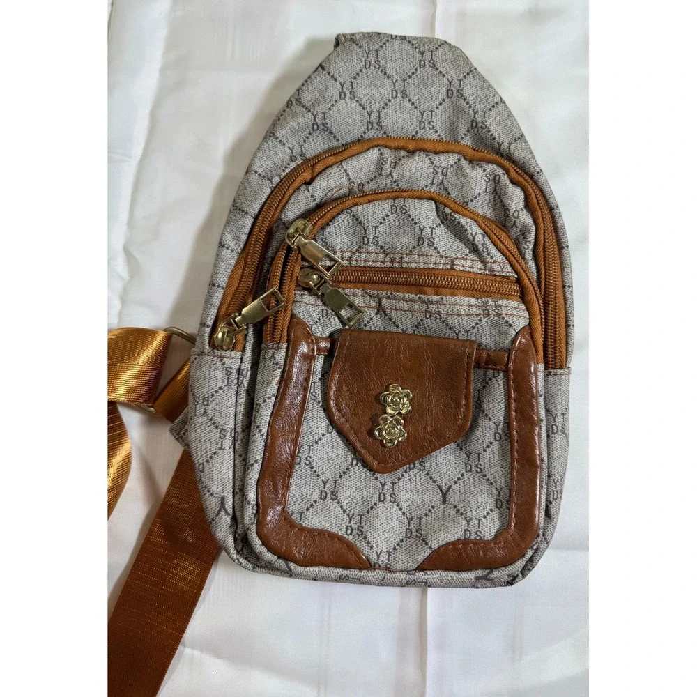 YTDS Monogram Sling Bag Brown Tan Floral Hardware Crossbody Travel Backpack